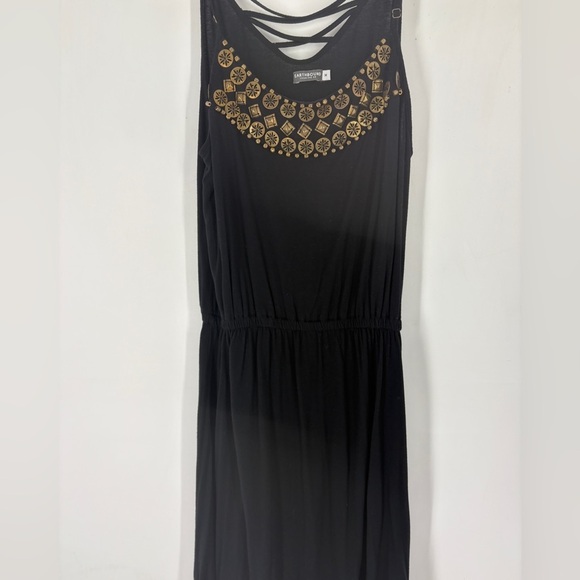 Earthbound Black Viscose Dress W/ Gold Accent Elastic Waist -Size medium - Picture 2 of 9